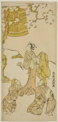 Os atores Segawa Kikunojo II, Ichikawa Komazo II e Arashi Otohachi I na peça "Fude Hajime Soga no Tamazusa", apresentada no Teatro Nakamura no primeiro mês de 1768