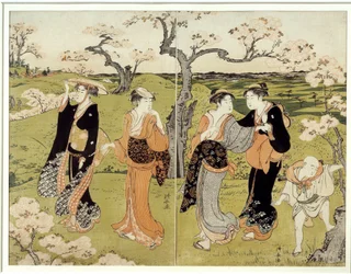 Piquenique sob as flores de cerejeira em Assaakayama. Impressão japonesa de Torii Kiyonaga (1752-1815), estilo Ukiyo-E