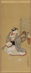 Um ator em vestido feminino amarrando um samisen, período Edo, meados do século XVIII.