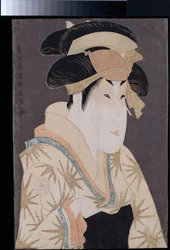 Um retrato de okubi-e do ator Segawa Kikunojo III no papel de Oshizu, esposa de Tanabe Bunzo, da peça Hana-ayame bunroku soga, apresentada no teatro Miyakoza no quinto mês de Kansei 6, c.1794