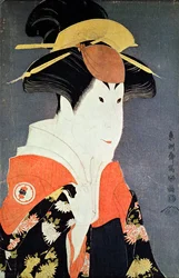 Cabeça e ombros do actor kabuki Segawa Tomisaburo II como Yadorigi, esposa de Ogishi Kurando), publicado em 1794 (impressão a cores de bloco de madeira)