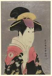 Segawa Tomisabur, ator, retrato de frente e ombros, virado para a direita, no papel de Yadorigi, a mulher de Ogishi Kurando
