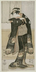 O ator Iwai Hanshiro lV como Otoma, filha de Ohina de Inamuragasaki em Kamakura (Yondai-me Iwai Hanshiro no Kamakura Inamuragasaki no Ohina musume Otoma)