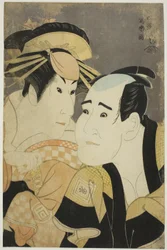 Os actores Ichikawa Tomiemon (à direita) como Kanisaka Toma e Sanogawa Ichimatsu III (à esquerda) como a prostituta Onayo de Gion