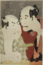 Os atores Nakajima Wadaemon (R) como Bodara Chozaemon e Nakamura Konozo (L) como Gon do barqueiro Kanagawaya