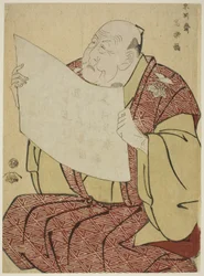 O gerente de teatro Shinozuka Uraemon lendo o programa para o Teatro Miayako