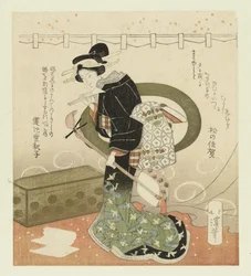 Mulher com shamisen Pentáptico sobre admirar flores (título da série) Hanami gobantsuzuki (título da série no objeto)