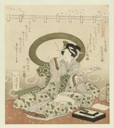 Mulher escreve poema
Díptico sobre a admiração de flores (título da série)
Hanami gobantsuzuki (título da série sobre o objecto)