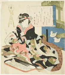 Mulher a olhar para os patos, ou O corpo justo (Shin), da série "Três obras de três estéticas (San tai san ban shoku)"