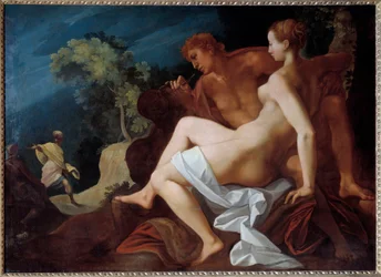 Angelique et Medor Ilustração para "Le Roland Furieux" (Orlando Furioso) de Ludovic Ariosto (Arioste) representando Medor (Medoro) inscrevendo o nome de Angelique (Angelica), com quem acaba de se juntar, na rocha - Ao fundo, chega Roland, co