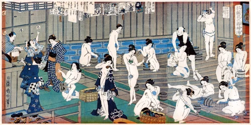 Cena da casa de banho, uma gravura de Toyohara Kunichika, século XIX