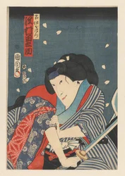 Ohatsu, brandindo uma espada, ataque ao Iwafuji
Sawamura Tanosuke III como Ohatsu (título sobre o objecto)