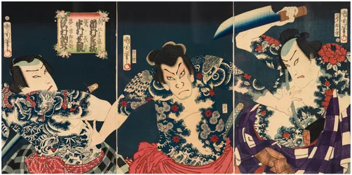 Os actores de kabuki (da direita para a esquerda) Ichimura Kakitsu IV como Asahina Tobei, Nakamura Shikan IV como Washi no Chokichi e Sawamura Tosshi II como Yume no Ichirobei, IV/1868