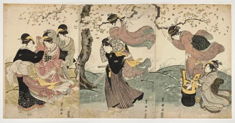 Arte japonesa: Flores no Vento (cena com mulheres e um homem, pendurando serpentinas nos ramos de uma árvore) - Impressão de Utagawa Toyokuni (1769-1825) linocut (37,8x75,9), cerca de 1797-1800 - Academia de Artes de Honolulu