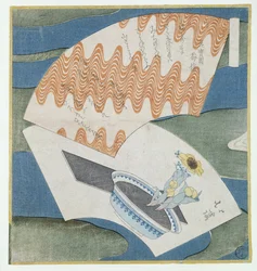 Fãs flutuando em um córrego (impressão de woodblock de cor)