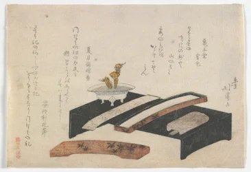 Surimono ilustrando uma escrivaninha, período Edo, c.1800-10 (impressão xilogravura colorida)