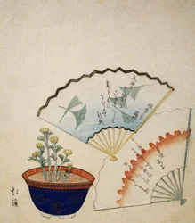 Vaso com Adónis e dois fãs decorados com poemas de Ichotei Mitsunori e Fudegaki, por volta de 1830