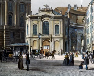 Burgtheater em Viena Michaelerplatz com Winterreitschule (escola de equitação de Inverno) à direita, por Tranquillo Mollo (1767-1837), gravura colorida, Áustria