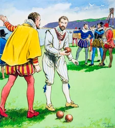 Sir Francis Drake jogando boliche em Plymouth Hoe, 1588 c1900