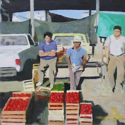 Três homens a vender tomates (San Juan, Argentina), 2014 (óleo sobre tábua)