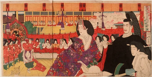 Uma representação de bugaku no Palácio Imperial durante a Festa das Bonecas