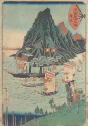 Cinquenta e três estações de Suehiro: Warrior Looks at Passing Steamship, ca. 1865.,