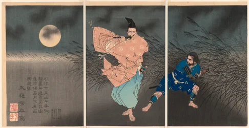 Fujiwara no Yasumasa tocando sua flauta ao luar