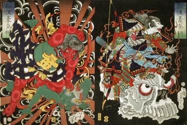 Kintoki dominando um demônio e um guerreiro no crânio, 1868 (impressão em xilogravura a cores)