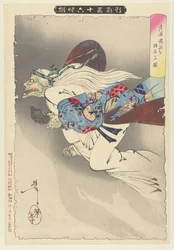 Velha voando com o braço decepado Roba kiwan o mochisaru zu (título no objeto) Novas aparições de 36 fantasmas Shinkei sanjurokkaisen (título da série no objeto)