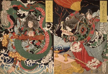 Tawaraya Tda e um Dragão e Ono no Komachi Orando por Chuva da série Valor na China e Japão, 1868 (impressão em xilogravura a cores)