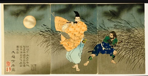 Tríptico de «Fujiwara no Yasumasa a tocar flauta ao luar», 1883