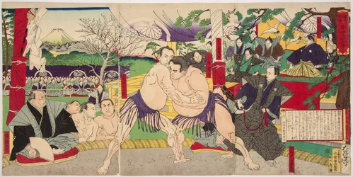 Lutadores de sumô Koyonagi Tsunekichi e Arauma Daigoro. Impresso por Tsukioka Yoshitoshi (1839-1892)