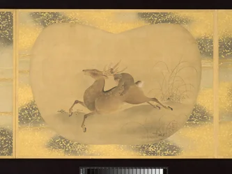 Álbum de pinturas de figuras, pássaros e flores em forma de leque