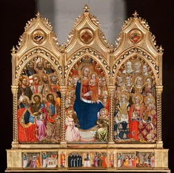 Predella com vida de São Bartolomeu, de Virgem e criança rodeada por anjos e santos (óleo sobre painel