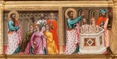 Predella com vida de São Bartolomeu, fazendo exorcismos e baptizando, detalhe de Virgem e criança rodeada de anjos e santos (óleo sobre painel