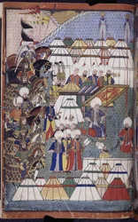 Acrescentar. 22011 f.199, Lala Mustafa Pasha no acampamento após a sua vitória em Kars-Nusretname, de 