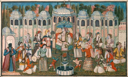 Festa para o Valide Sultana com a presença de Madame Girardin, embaixadora da França (wc e guache no papel)