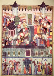 H 1517, fól. 17v, entronização de Solimão, o Magnífico (1494-1566), do «Suleymanname» de Arifi, 1558