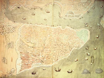 H 1523 fol.158v-159r Vista de Istambul e do Estreito de Bósforo, do &39;Hunername&39; de Lokman, 1558 (caneta e tinta sobre papel) (ver 181495 para detalhes)