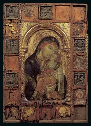 Ícone da Virgem da Ternura (mídia mista no painel)