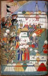 Lala Mustafa Pasha no seu acampamento após a sua vitória em Kars, ilustração do 