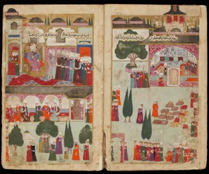A coroação do sultão otomano Mehmed III (1566-1603) no Palácio de Topkapı, em 1595 (do manuscrito A campanha de Mehmed III na Hungria) - c. 1600