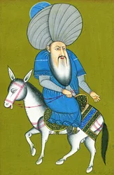 Nasreddin Hodja montando o seu cavalo ao contrário (aguarela sobre papel)