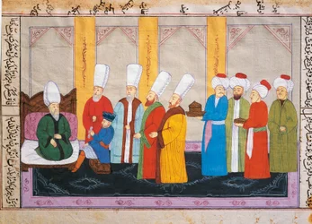 Miniatura otomana retratando um embaixador europeu na Corte do Palácio Topkapi, manuscrito, Turquia
