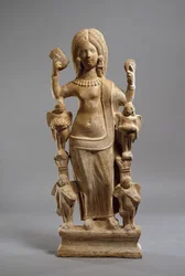 Estatueta de terracota de Vênus, ou uma jovem mulher vestida de Vênus, no seu banheiro, c.200-230 (terracota)