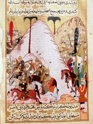 O Profeta Maomé (Muhammad ou Muhammad) (570-632) (rosto coberto) durante o cerco de Meca Miniatura Turca do Palácio Topkapi do século XVIII Turquia
