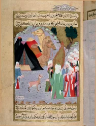 O profeta Maomé (Maomé ou Muhammad) (570-632) ouve o choro de uma corça miniatura de um manuscrito turco escrito por Erzeni, ilustrado por Seyyid Suleiman Pasha, relatando a vida de Maomé no século XVIII. Istambul, Arte turco-islâmica