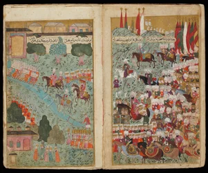 Mehmed III chega ao chefe do exército vitorioso em Istambul do acampamento de Mehmed III do manuscrito