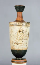 Lekythos áticos de fundo branco decorados com Charon, o barqueiro do Submundo recebendo a alma de uma pessoa morta, de Atenas, c.475-425 aC (cerâmica)