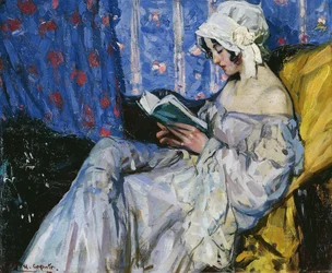 Uma menina lendo em um interior